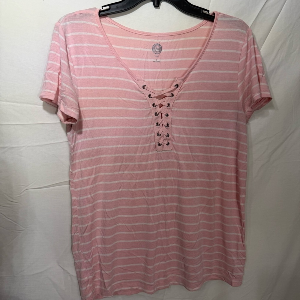 SO Pink & White Striped Lace-Up Short Sleeve Top Soft Relaxed Fit Size Small